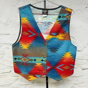 EMI Vintage Aztec Print Vest Southwest Colorful 1990s Cowboy Western Flannel USA